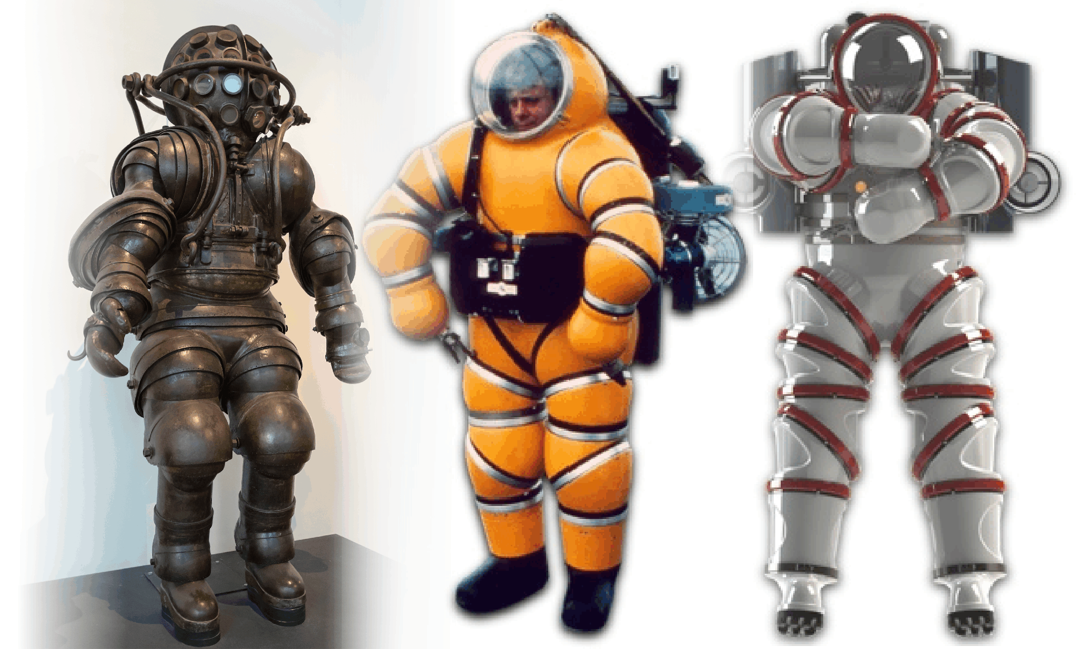 Evolution of ADS™ (atmospheric diving system): Left, 19th century; center, 20th century and right, 21st century